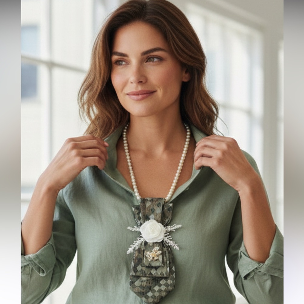 “Dainty Dapper”  print design sage color necktie Necklace & floral attachment